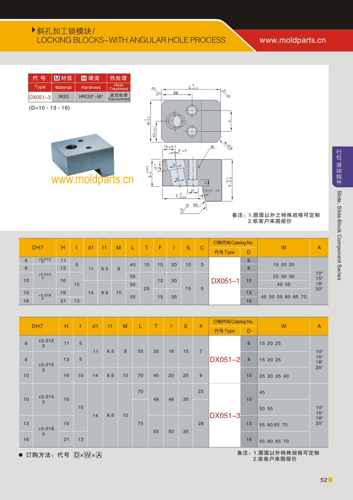 東莞大翔模具配件有限公司專業(yè)生產(chǎn)斜孔加工鎖模塊，斜孔加工鎖模塊的材質(zhì)、熱處理、硬度、標(biāo)準(zhǔn)、型號等詳情說明和介紹，您可以通過本頁面下單留言或者發(fā)送詢/報價