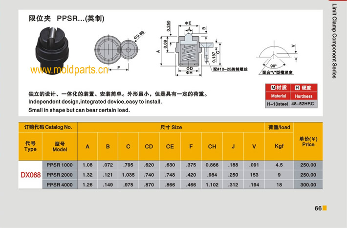 東莞大翔模具配件有限公司專業(yè)生產(chǎn)DME標(biāo)準(zhǔn)PPSR限位夾(英制)，DME標(biāo)準(zhǔn)PPSR限位夾(英制)的材質(zhì)、熱處理、硬度、標(biāo)準(zhǔn)、型號(hào)等詳情說明和介紹，您可以通過本頁(yè)面下單留言或者發(fā)送詢/報(bào)價(jià)