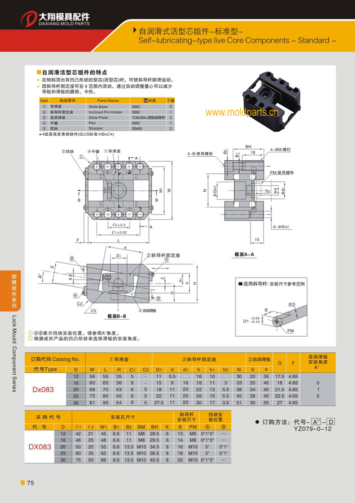 東莞大翔模具配件有限公司專業(yè)生產(chǎn)自潤滑式活型芯組件(標(biāo)準(zhǔn)型)，自潤滑式活型芯組件(標(biāo)準(zhǔn)型)的材質(zhì)、熱處理、硬度、標(biāo)準(zhǔn)、型號(hào)等詳情說明和介紹，您可以通過本頁面下單留言或者發(fā)送詢/報(bào)價(jià)