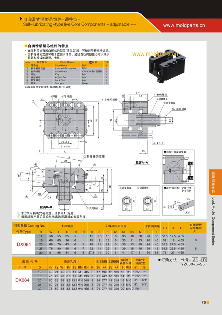 東莞大翔模具配件有限公司專業(yè)生產(chǎn)自潤滑式活型芯組件(調(diào)整型)，自潤滑式活型芯組件(調(diào)整型)的材質(zhì)、熱處理、硬度、標(biāo)準(zhǔn)、型號(hào)等詳情說明和介紹，您可以通過本頁面下單留言或者發(fā)送詢/報(bào)價(jià)