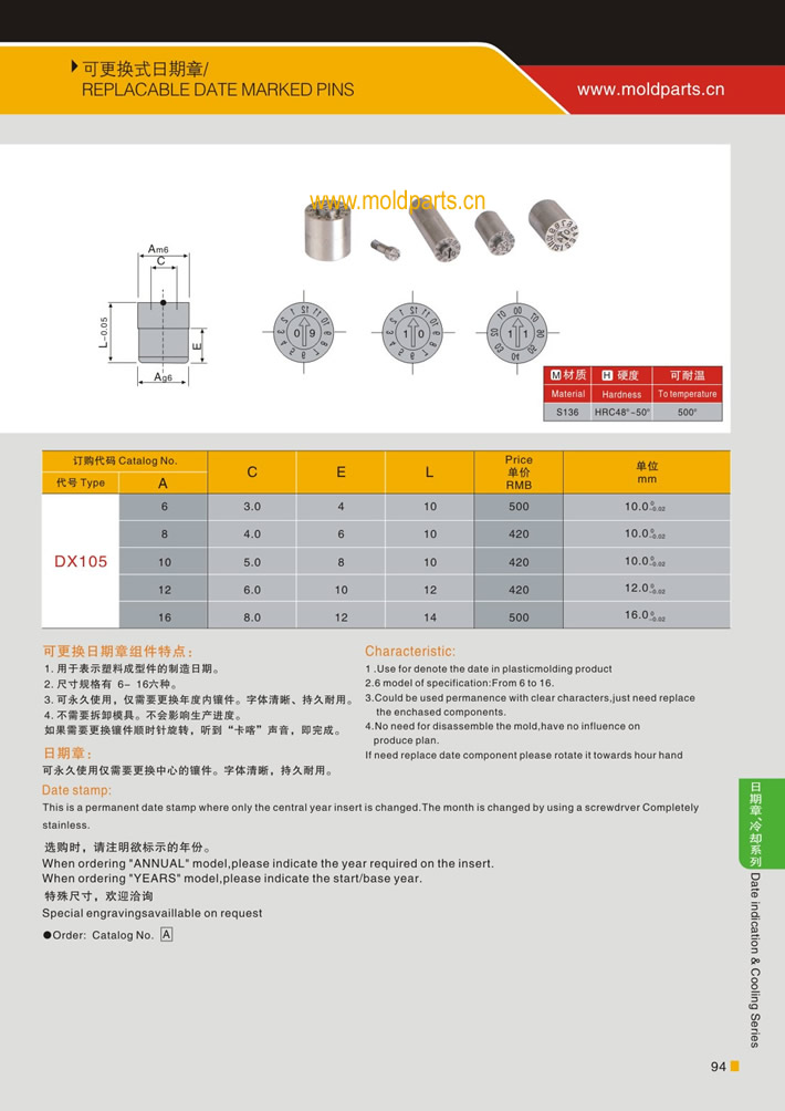 東莞大翔模具配件有限公司專業(yè)生產(chǎn)可更換式日期章，可更換式日期章的材質(zhì)、熱處理、硬度、標(biāo)準(zhǔn)、型號(hào)等詳情說(shuō)明和介紹，您可以通過(guò)本頁(yè)面下單留言或者發(fā)送詢/報(bào)價(jià)