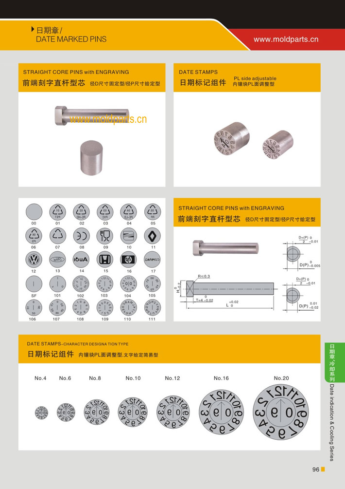 東莞大翔模具配件有限公司專業(yè)生產(chǎn)日期章標(biāo)記組件，日期章標(biāo)記組件的材質(zhì)、熱處理、硬度、標(biāo)準(zhǔn)、型號等詳情說明和介紹，您可以通過本頁面下單留言或者發(fā)送詢/報價