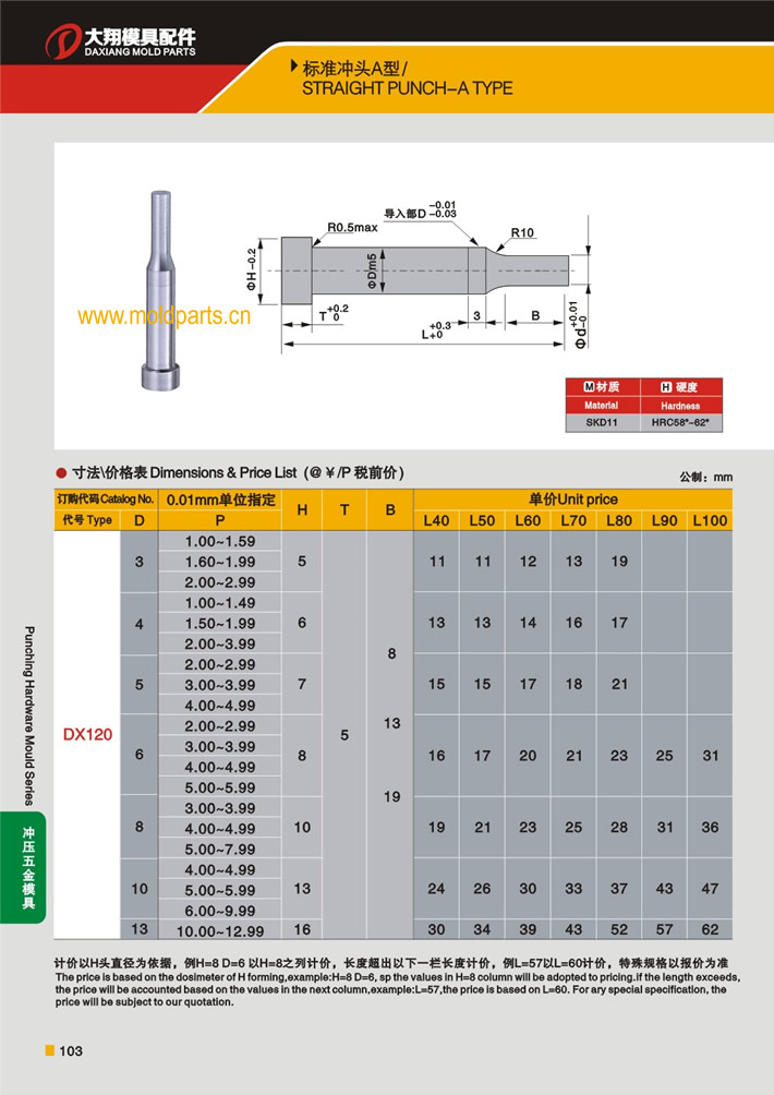 東莞大翔模具配件有限公司專(zhuān)業(yè)生產(chǎn)A型沖頭，A型沖頭的材質(zhì)、熱處理、硬度、標(biāo)準(zhǔn)、型號(hào)等詳情說(shuō)明和介紹，您可以通過(guò)本頁(yè)面下單留言或者發(fā)送詢(xún)/報(bào)價(jià)