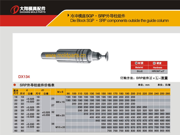 東莞大翔模具配件有限公司專業(yè)生產(chǎn)冷沖模SRP外導(dǎo)柱組件，冷沖模SRP外導(dǎo)柱組件的材質(zhì)、熱處理、硬度、標(biāo)準(zhǔn)、型號(hào)等詳情說(shuō)明和介紹，您可以通過(guò)本頁(yè)面下單留言或者發(fā)送詢/報(bào)價(jià)