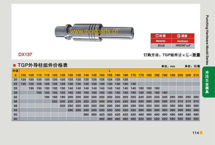 東莞大翔模具配件有限公司專業(yè)生產(chǎn)冷沖模TGP外導(dǎo)柱組件，冷沖模TGP外導(dǎo)柱組件的材質(zhì)、熱處理、硬度、標(biāo)準(zhǔn)、型號(hào)等詳情說(shuō)明和介紹，您可以通過本頁(yè)面下單留言或者發(fā)送詢/報(bào)價(jià)